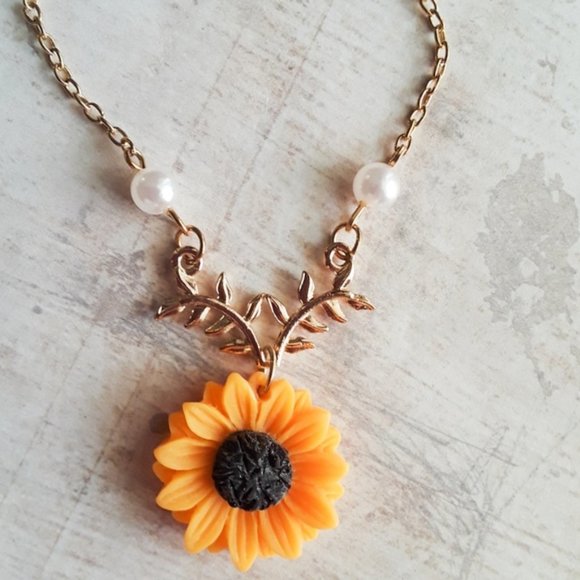 Dainty Gold Chain Pearl Vine Bright Yellow Sunflower Pendant Necklace - Picture 7 of 12